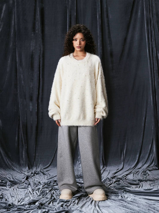 1807 ROLLTHEDICE Pearl Embellished Faux Mink Fur Knit Sweater | Face 3 Face