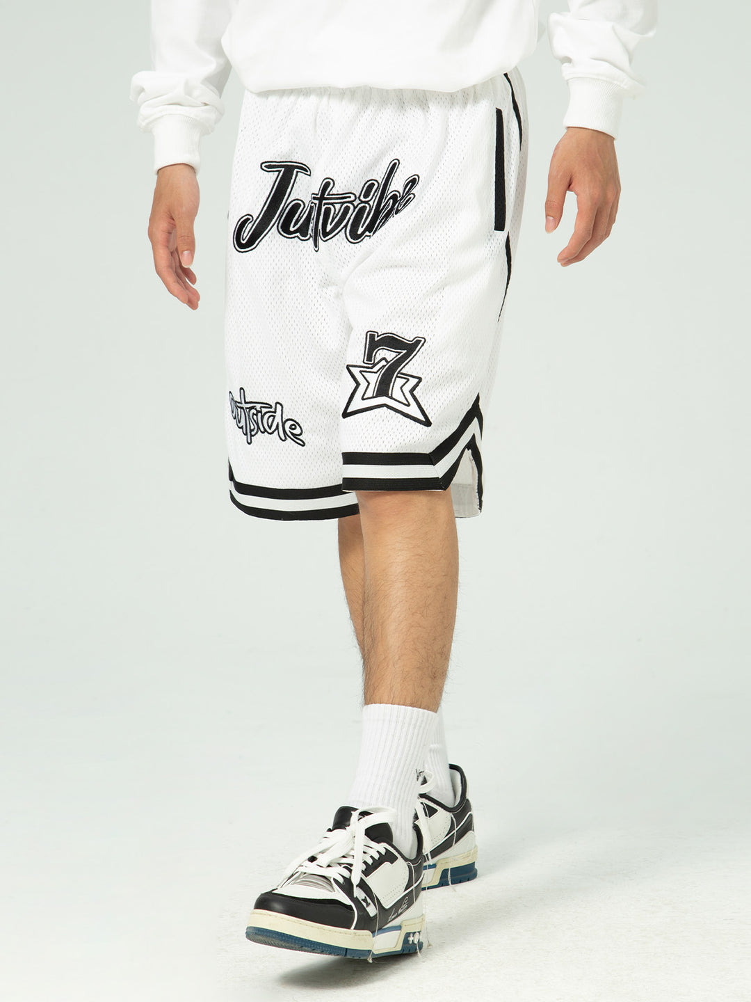 JUST VIBE Patch Embroidered Mesh Basketball Shorts | Face 3 Face