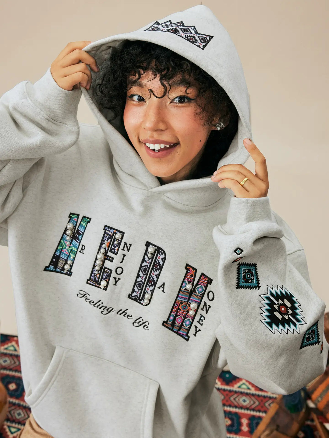 MEDM Ethnic Embroidered Patch Pearl Oversized Hoodie | Face 3 Face