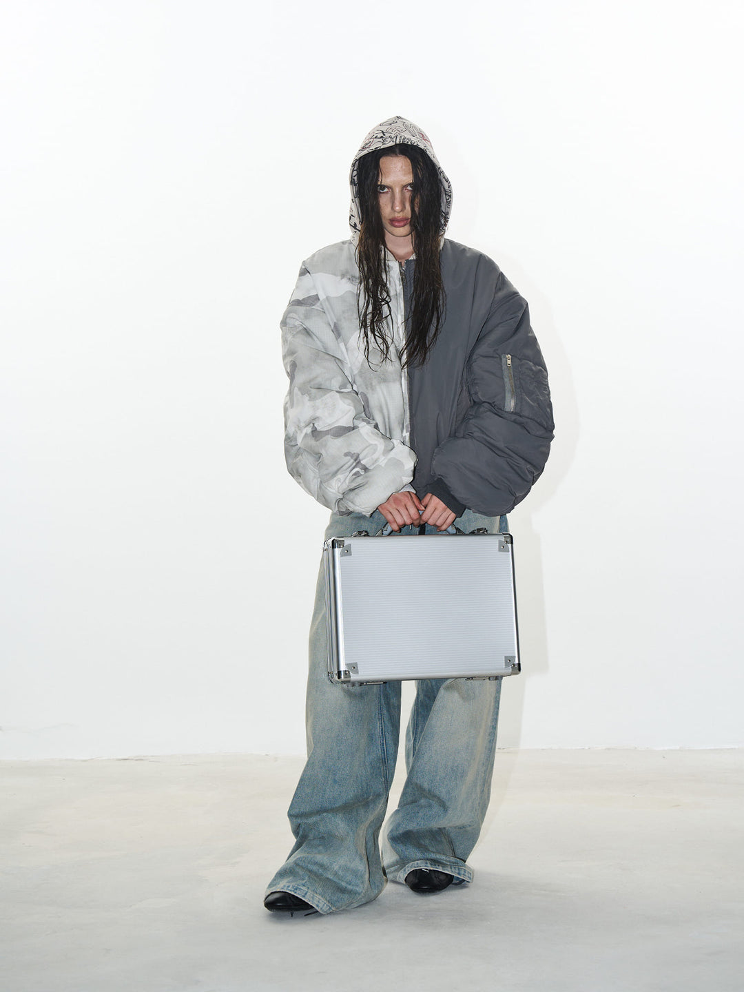 BLIND NO PLAN Graffiti Print Hooded Mixed Fabrics MA-1 Bomber Jacket | Face 3 Face