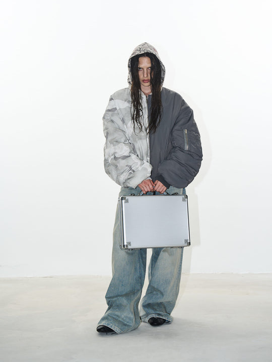 BLIND NO PLAN Graffiti Print Hooded Mixed Fabrics MA-1 Bomber Jacket | Face 3 Face