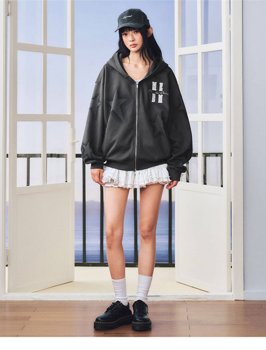 MEDM Spray Star Print Rhinestone Logo Zip Up Hoodie | Face 3 Face