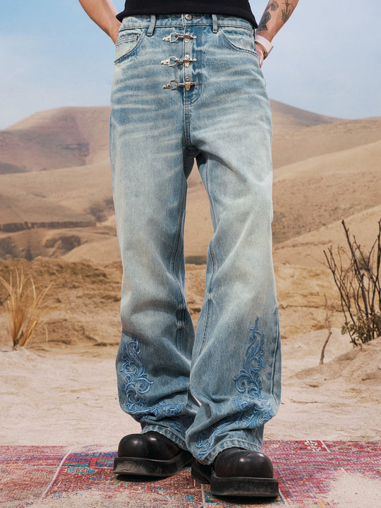 YADcrew Snap Button 3D Embroidery Washed Jeans | Face 3 Face