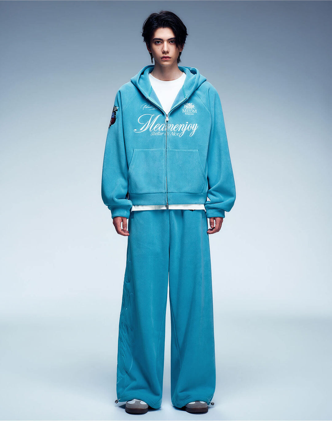 MEDM Rose Embroidered Patch Zip Up Fleece Hoodie | Face 3 Face