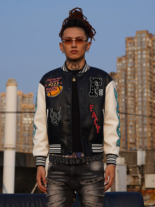 TGFCLUB Trophy Embroidered Colorblock PU Leather Varsity Jacket | Face 3 Face