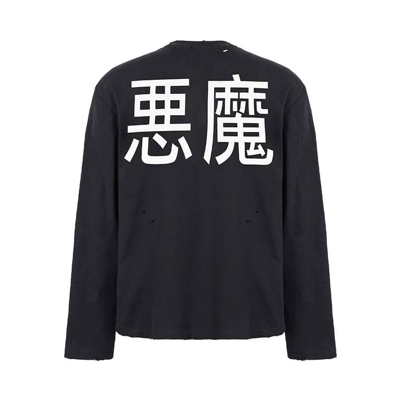 UNDERWATER Black Demon Print Distressed Long Sleeve Tee | Face 3 Face