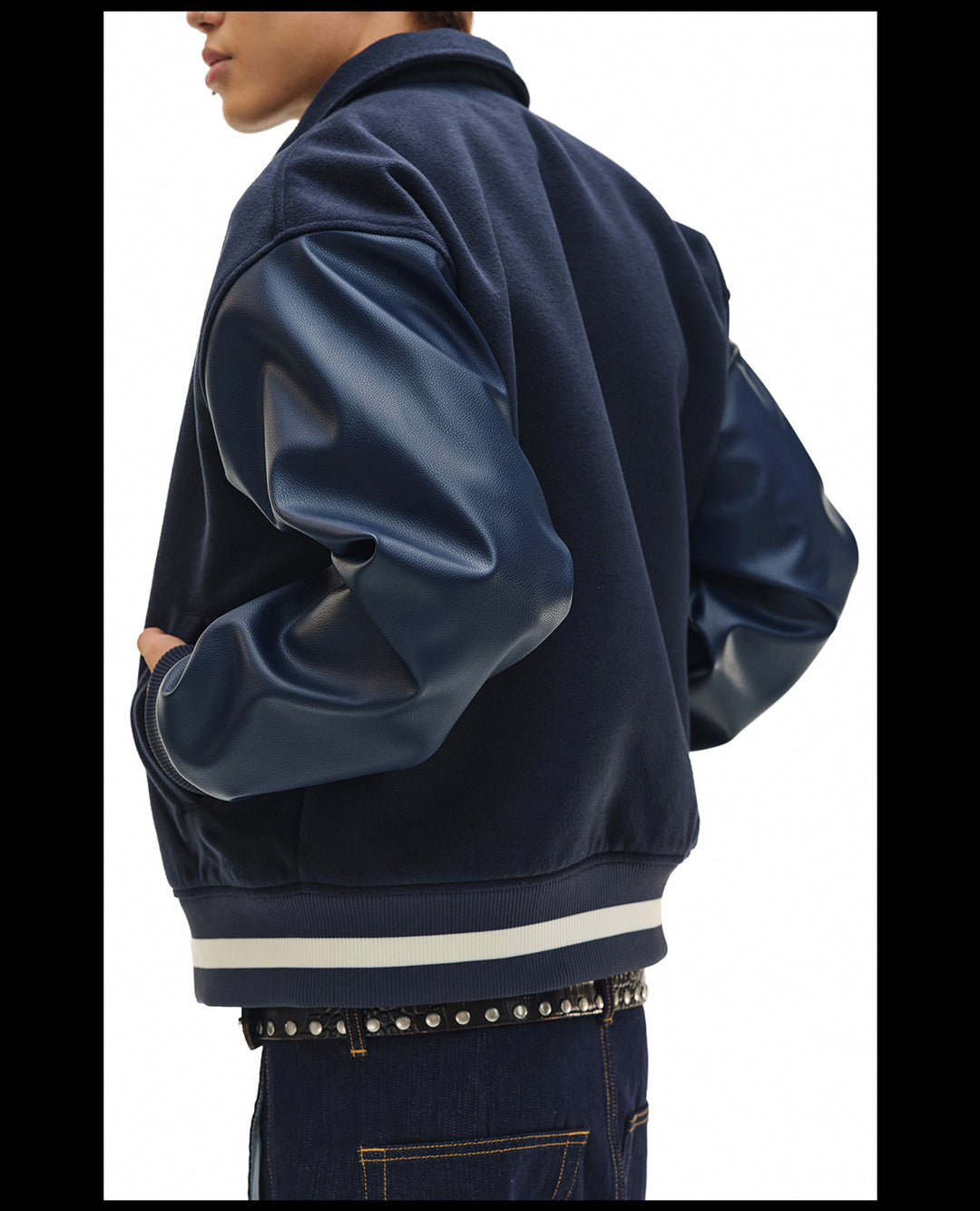 NOVACAM Navy Blue Short Basic Varsity Jacket | Face 3 Face