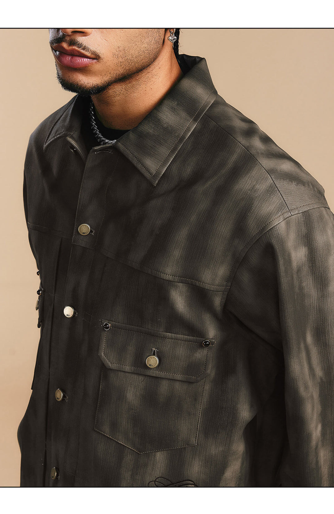 1807 ROLLTHEDICE Cat Eye Stone Embellished PU Leather Jacket | Face 3 Face