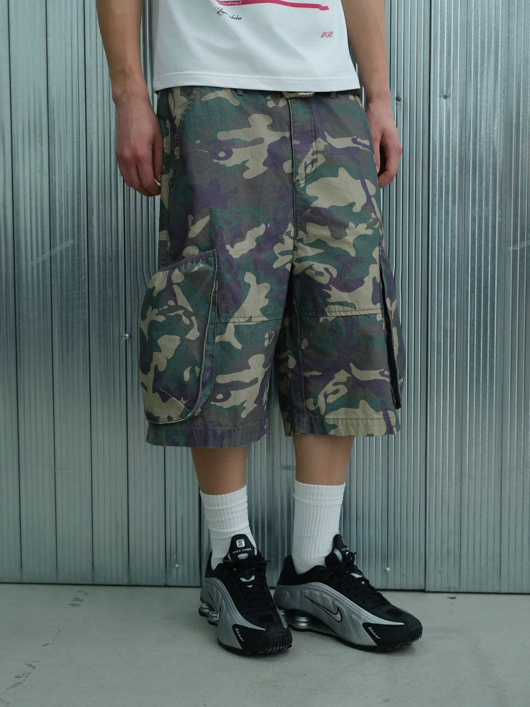 S45 Camouflage Distressed Large Cargo Pocket Baggy Shorts | Face 3 Face
