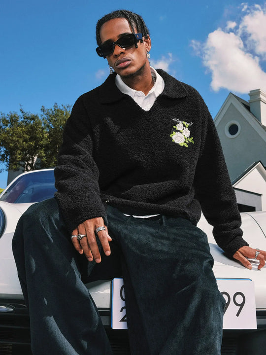 MEDM Coral Fleece Knit Long Sleeve Polo | Face 3 Face