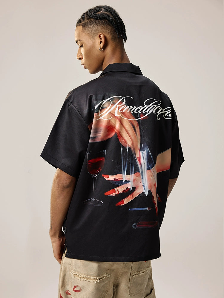 Remedy Finger and Wine Glass Full Print Short Sleeve Cuban Shirt | Face 3 Face