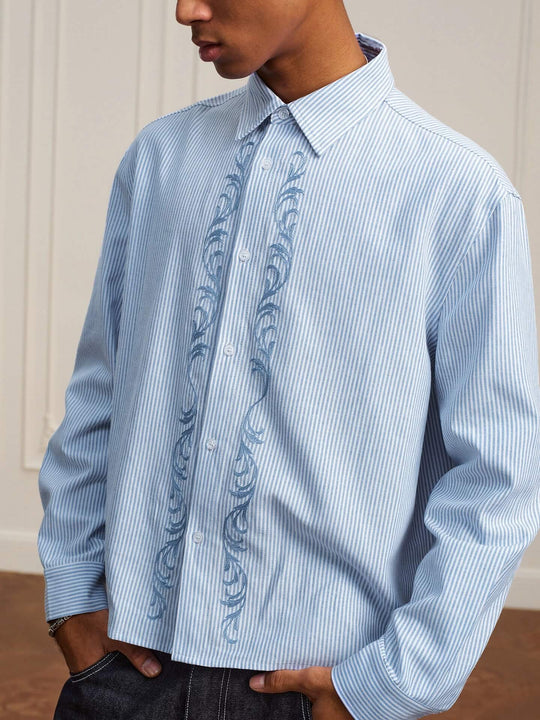 YADcrew Striped Embroidered Placket Button Up Long Sleeve Shirt | Face 3 Face