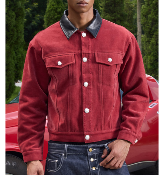 S45 Flocking Denim Pearl Button Leather Lapel Short Jacket | Face 3 Face