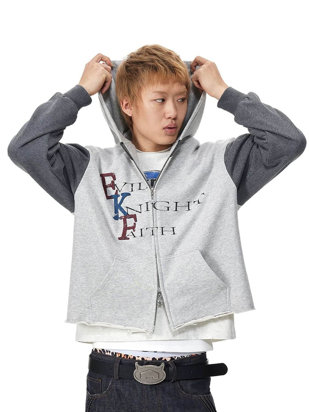 EVILKNIGHT(EK) Color Block Sleeve Cutoff Zip Up Hoodie | Face 3 Face