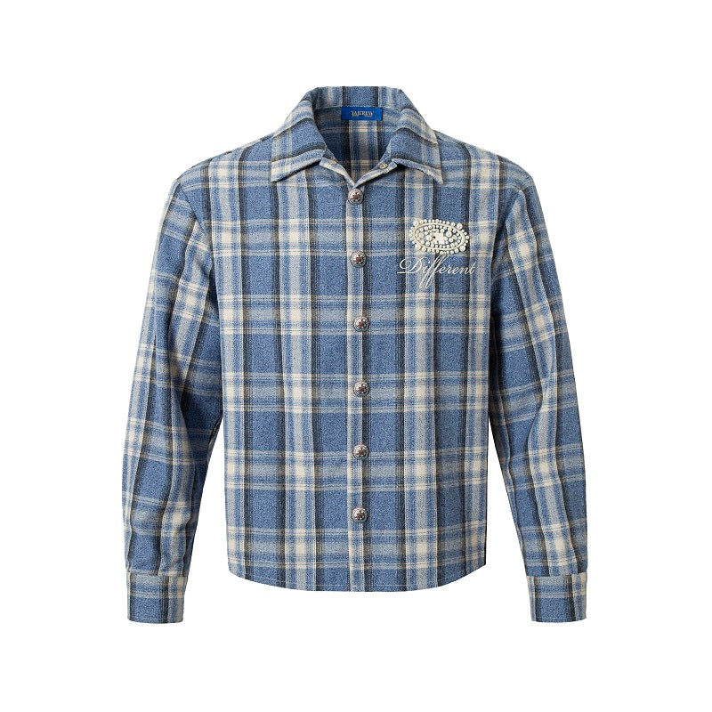 YADcrew Pearl-Embroidered Plaid Long-Sleeve Shirt | Face 3 Face