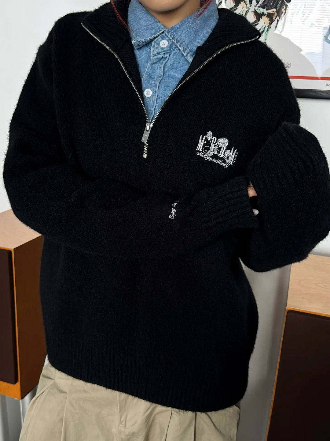 MEDM Rose Embroidered Half Zip Knit Sweater | Face 3 Face