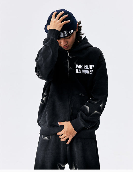 MEDM Washed Star All Over Print Zip Up Hoodie | Face 3 Face