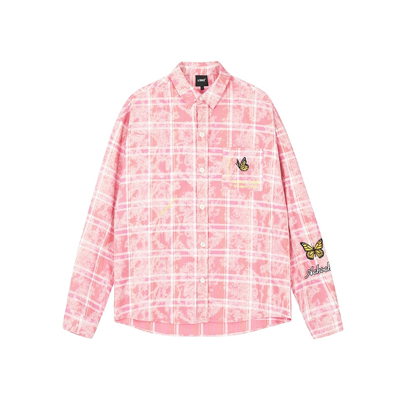Achock Washed Plaid Butterfly Embroidery Long Sleeved Shirt | Face 3 Face