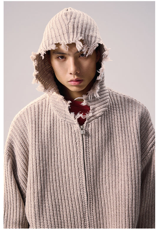 Remedy Distressed Hooded Zipper Knit Cardigan | Face 3 Face