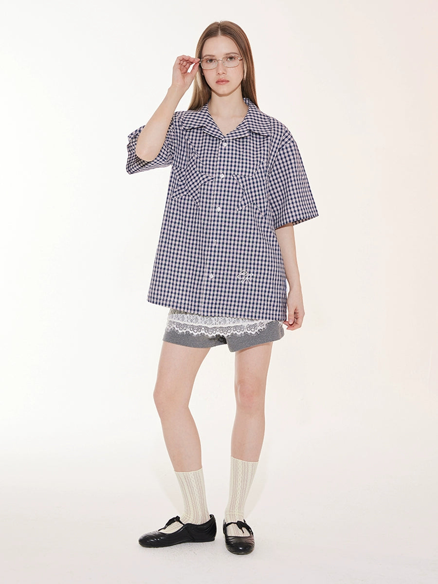 EMPTY REFERENCE Star Pocket Patchwork Plaid Short Sleeve Shirt | Face 3 Face