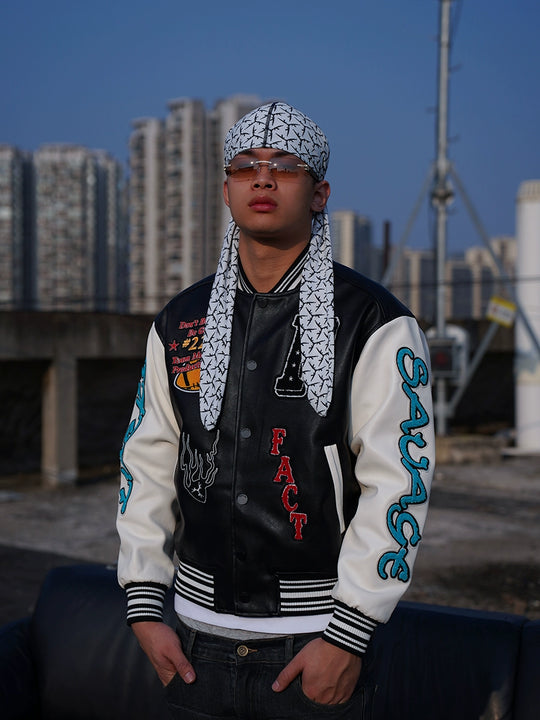 TGFCLUB Trophy Embroidered Colorblock PU Leather Varsity Jacket | Face 3 Face