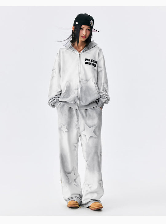 MEDM Washed Star All Over Print Zip Up Hoodie | Face 3 Face