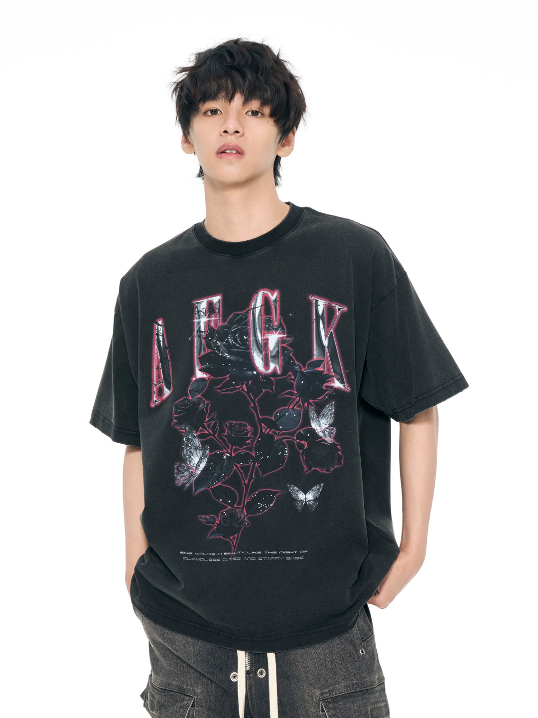 AFGK Metal Rose Print Distressed Washed Tee | Face 3 Face