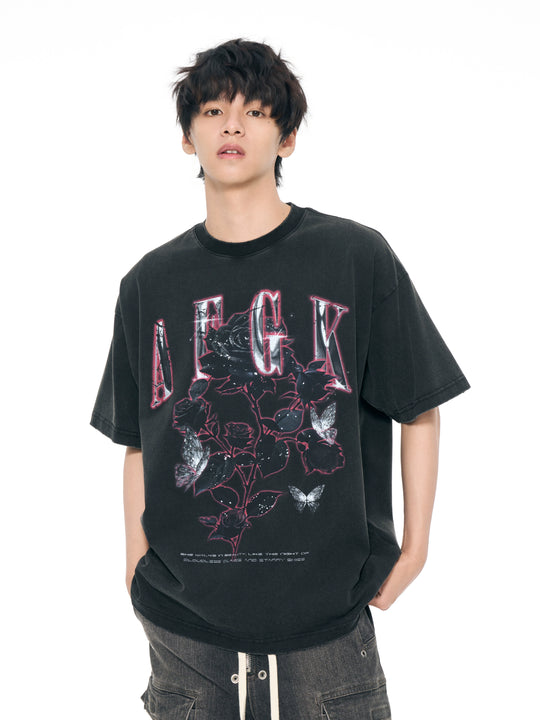 AFGK Metal Rose Print Distressed Washed Tee | Face 3 Face