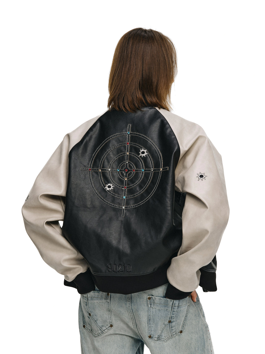 ANTIDOTE Bullseye Color Diamond Studded Leather Baseball Jacket | Face 3 Face