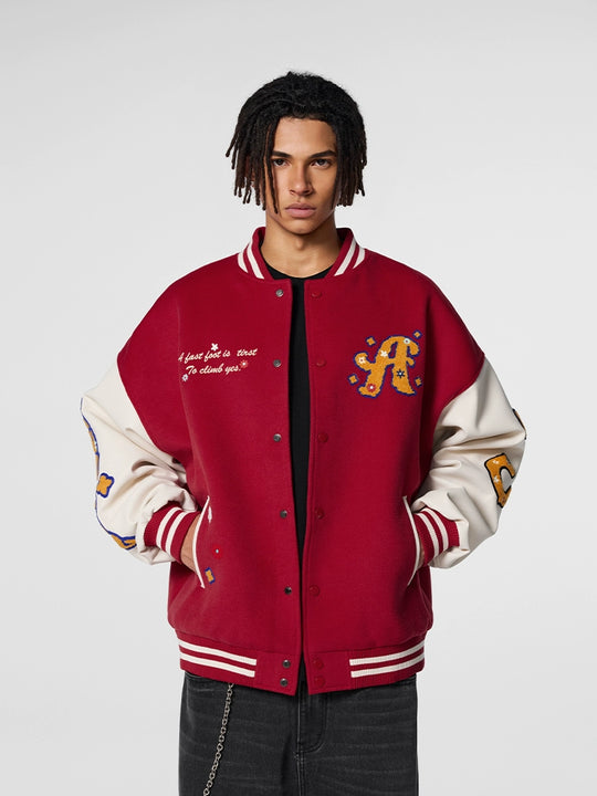 Achock Logo Embroidery Red Varsity Jacket | Face 3 Face