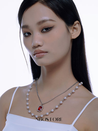 NboStore Pearl Stitching Red Gemstone Necklace