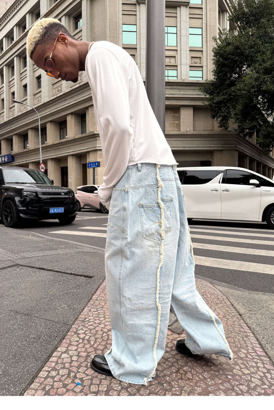 STEEPC Ice Blue Washed Frayed Center Seam Baggy Jeans | Face 3 Face