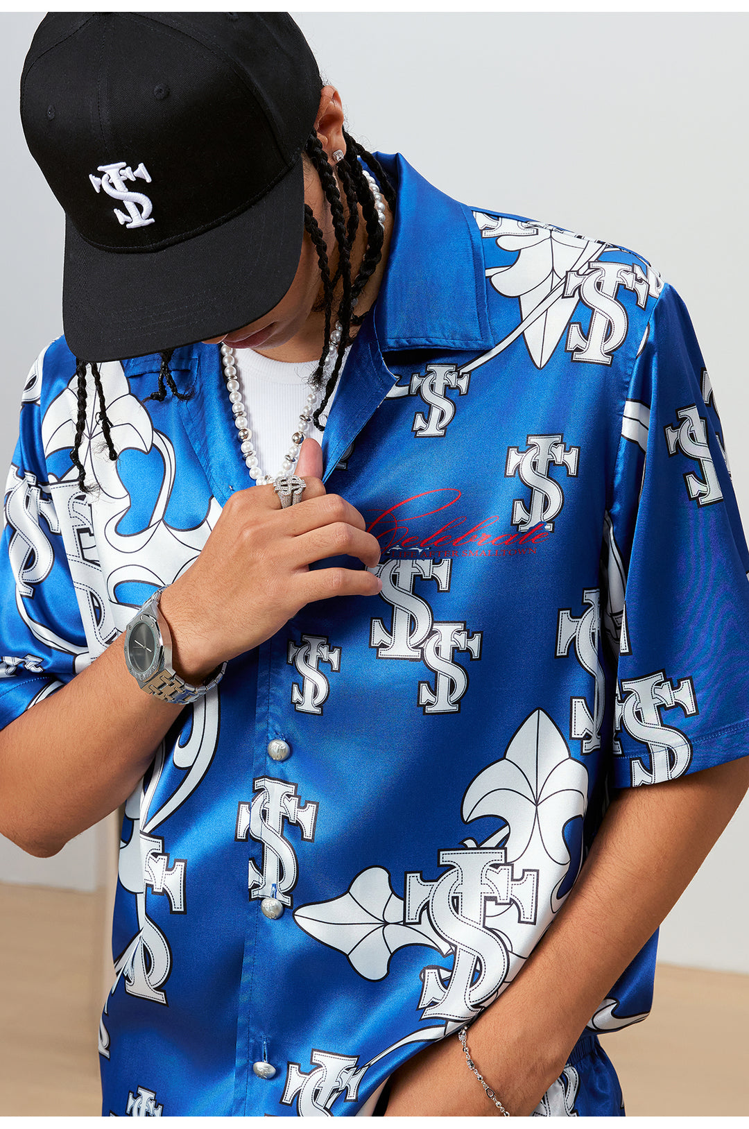 Small Town Kid Monogram Cross Logo Satin Cuban Shirt Set | Face 3 Face