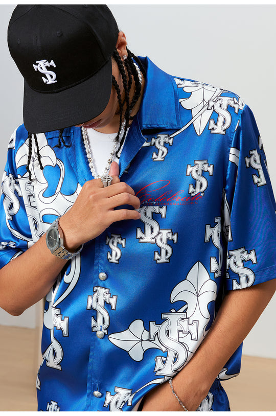 Small Town Kid Monogram Cross Logo Satin Cuban Shirt Set | Face 3 Face