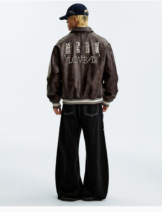 MEDM Leopard Patch Pearl PU Leather Varsity Jacket | Face 3 Face