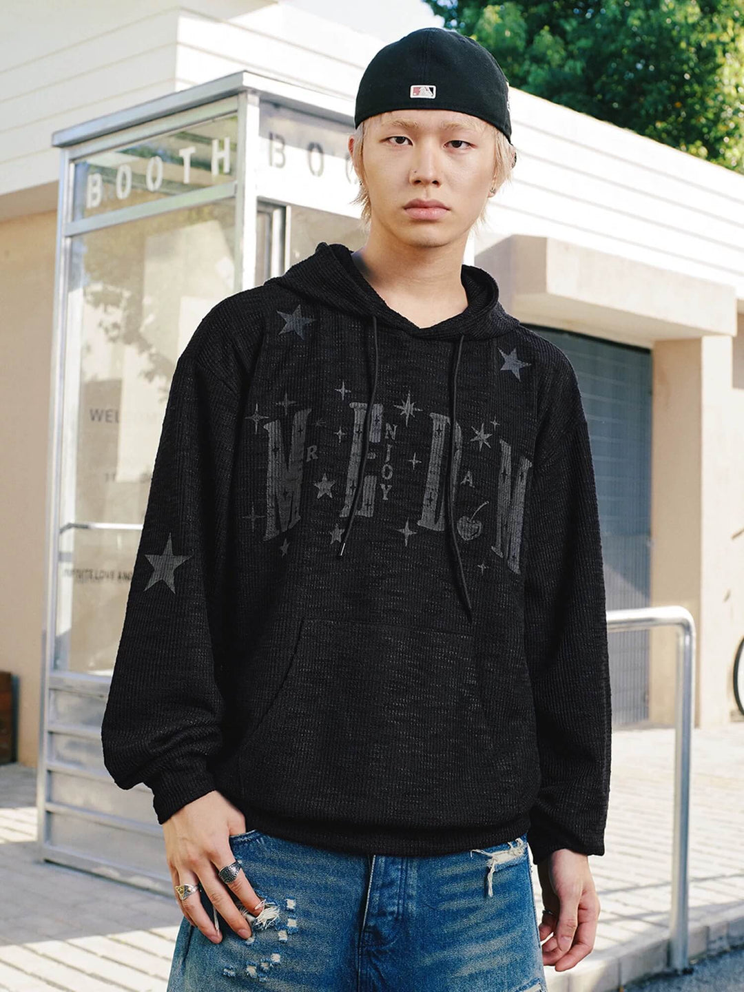 MEDM Star Logo Print Waffle Knit Hoodie | Face 3 Face