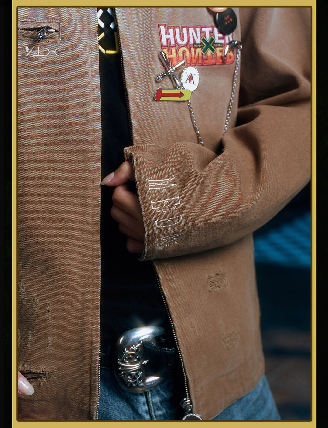 MEDM × HUNTER×HUNTER Logo Embroidered Washed Distressed Detroit Jacket