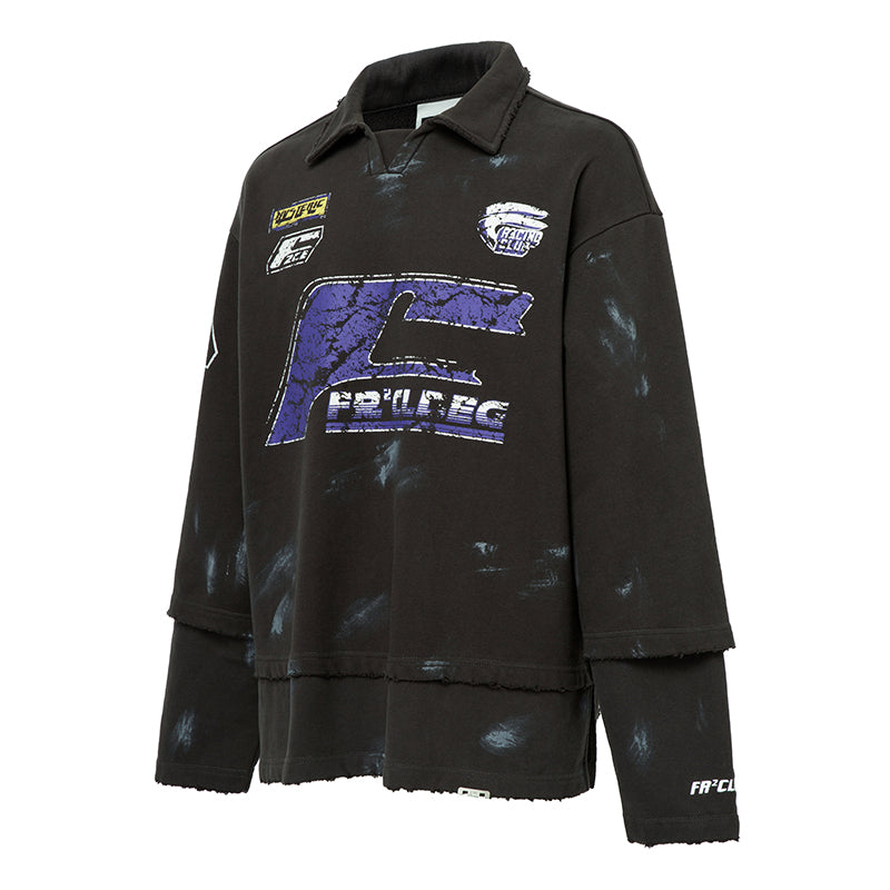 F2CE Fake Two Piece Frayed Overlay Racing Polo Sweatshirt | Face 3 Face