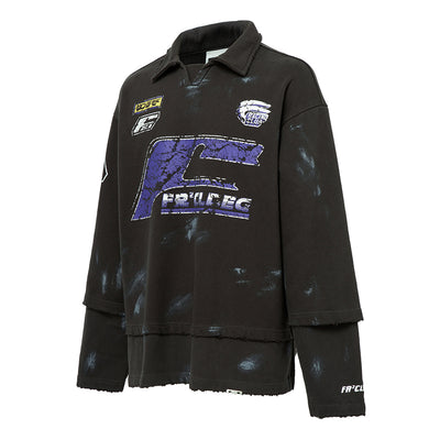 F2CE Fake Two Piece Frayed Overlay Racing Polo Sweatshirt | Face 3 Face