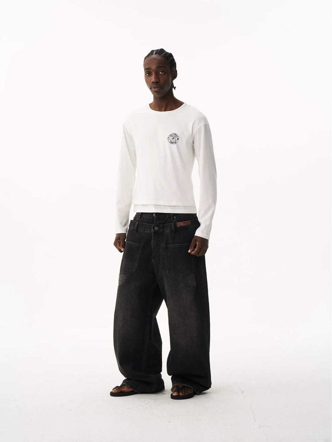EXITMODE BY BLIND NO PLAN Double Waist Washed Patch Embroidered Baggy Jeans | Face 3 Face
