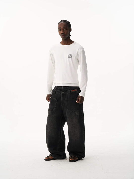 EXITMODE BY BLIND NO PLAN Double Waist Washed Patch Embroidered Baggy Jeans | Face 3 Face