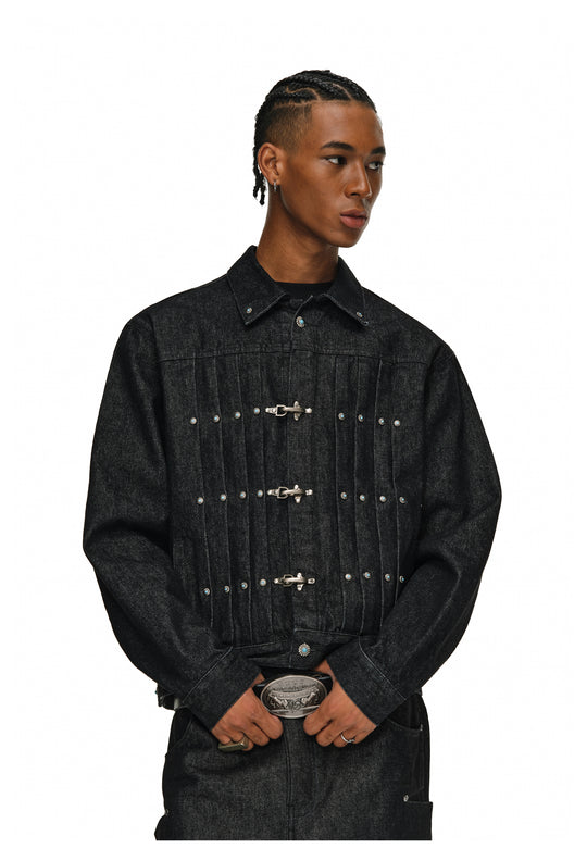 ANTIDOTE Turquoise Studded Pleated Buckle Denim Jacket | Face 3 Face