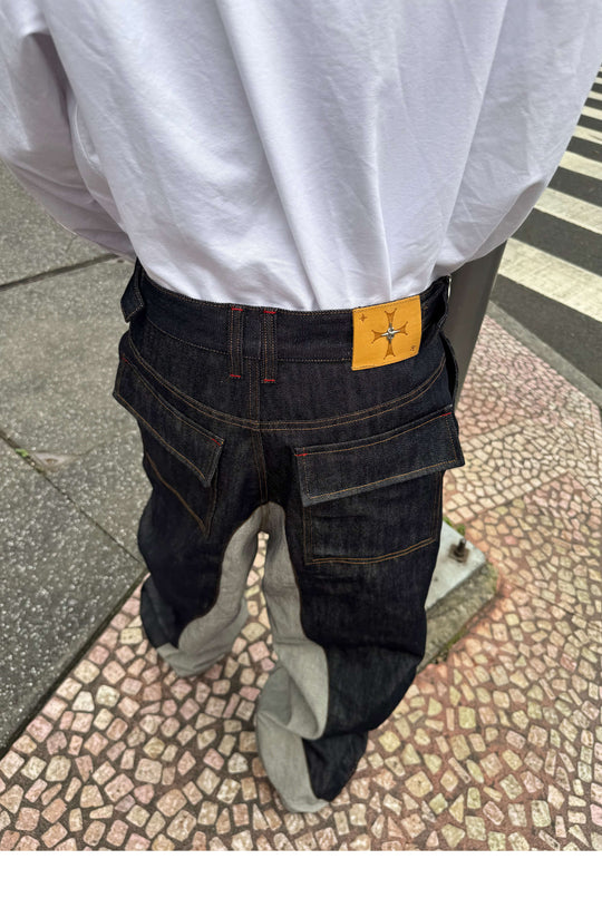 STEEPC Button Fly Reverse Patchwork Baggy Jeans | Face 3 Face
