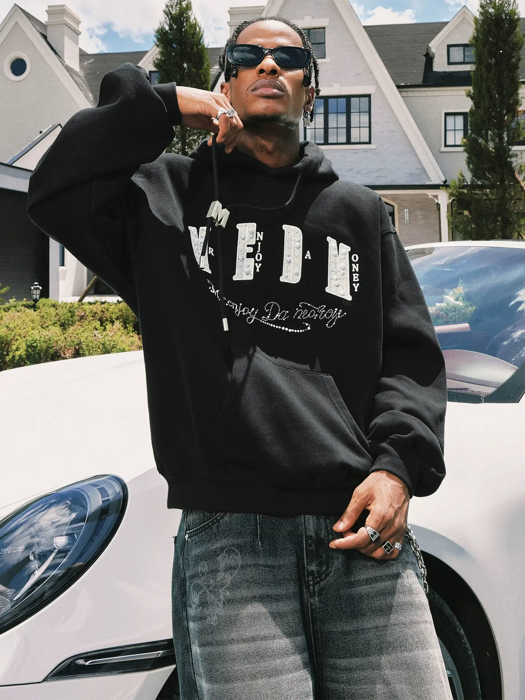 MEDM M Buckled Drawstring Pearl Logo Embroidered Hoodie | Face 3 Face