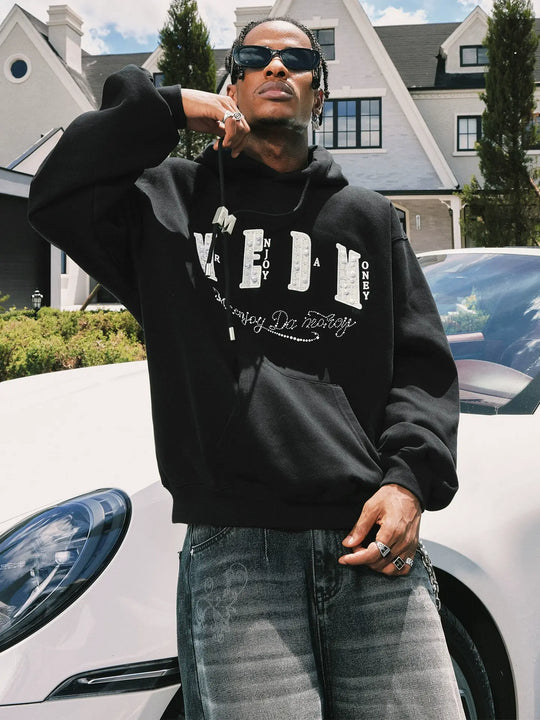 MEDM M Buckled Drawstring Pearl Logo Embroidered Hoodie | Face 3 Face