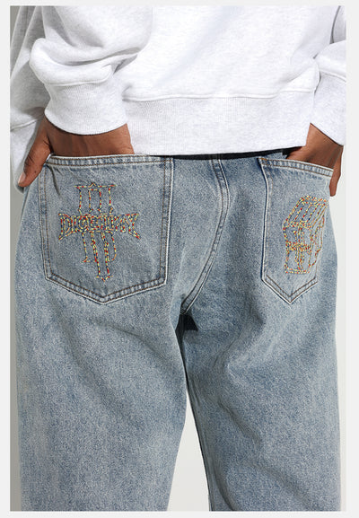 DICETINY Colorful Embroidered Washed Jeans | Face 3 Face