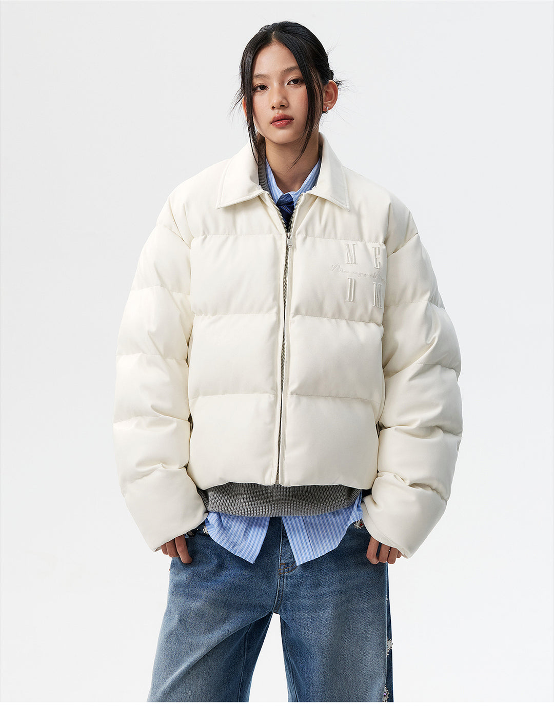 MEDM PU Leather 3D Embroidered Puffer Jacket | Face 3 Face