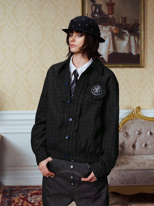 YADcrew Ruffle Front Placket Plaid Jacket | Face 3 Face