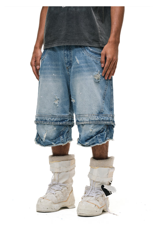 ANTIDOTE Destroyed Double-Layer Washed Denim Shorts | Face 3 Face