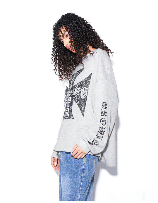 F3F Select Vintage Cross Print Waffle Long Sleeve Tee | Face 3 Face